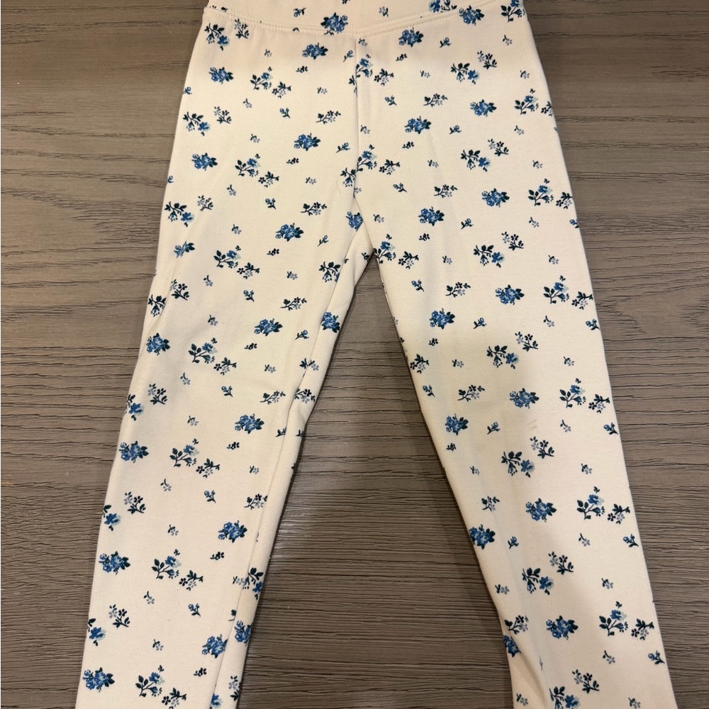 Girls' Cream Floral Stretch Fleece Lined Leggings - Blue Flower Print